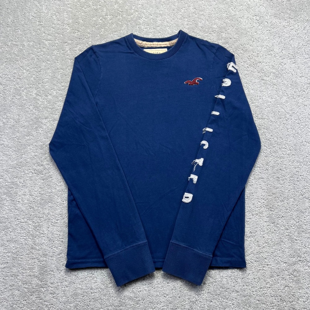 VTG Y2k Hollister Longsleeve Shirt Mens L Blue Embroidered Logo Sleeve Spellout